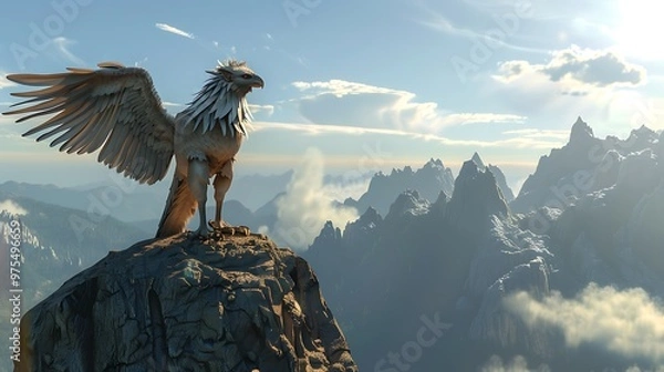 Obraz A mythical griffin stands on a mountain peak overlooking a vast valley.
