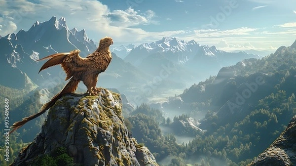 Fototapeta A mythical creature stands atop a mountain overlooking a breathtaking valley and mountains.