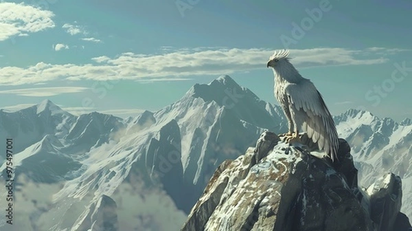 Obraz A white eagle perched on a mountain peak overlooking a snowy, mountainous landscape.