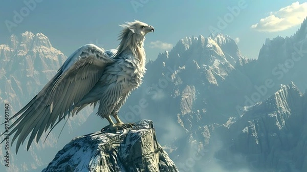 Obraz A majestic white griffin stands on a rocky mountain peak, overlooking a vast, misty valley.