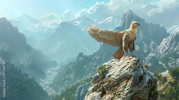 Fototapeta A large bird of prey stands on a cliff overlooking a valley with snow-capped mountains in the background.