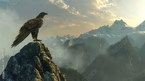 Fototapeta A golden eagle perched on a rocky peak, overlooking a vast mountain range.