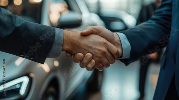 Fototapeta Handshake Between Customer and Sales Manager in Car Dealership Following Luxury Car Purchase