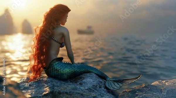 Obraz A mermaid with long red hair sits on a rock, looking out at the ocean at sunset.