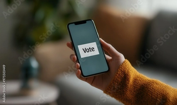 Fototapeta Hand Holding Smartphone With Vote Button On Screen.