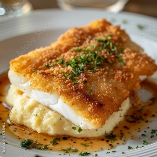 Fototapeta Breaded Halibut Fillet, Fried White Fish Meat with Parsnip Puree, Exquisite Seafood Dish