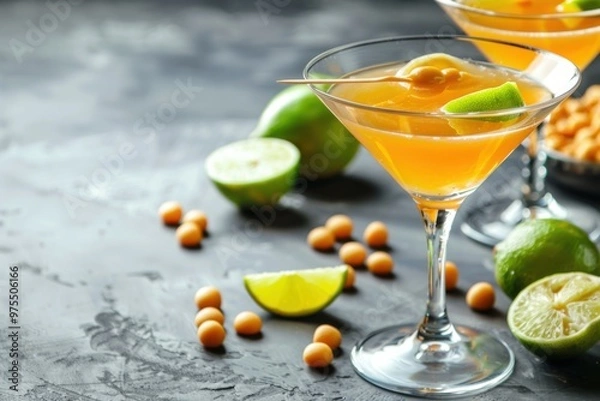 Fototapeta Butterscotch Cosmopolitan with butterscotch and lime, served in a martini glass, sweet treat background, copy space