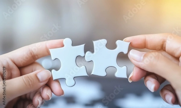 Fototapeta Two Hands Holding Matching Puzzle Pieces.