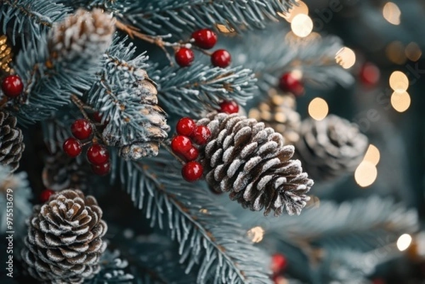Fototapeta Christmas Tree Close-Up with Cones and Berries