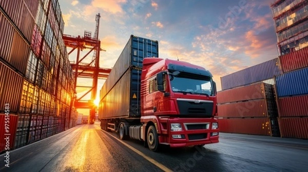 Obraz Semi trailer Trucks and Containers Cargo Shipping. Handling of Logistics Transportation Industry. Cargo Container ships, Freight Truck Import-Export.