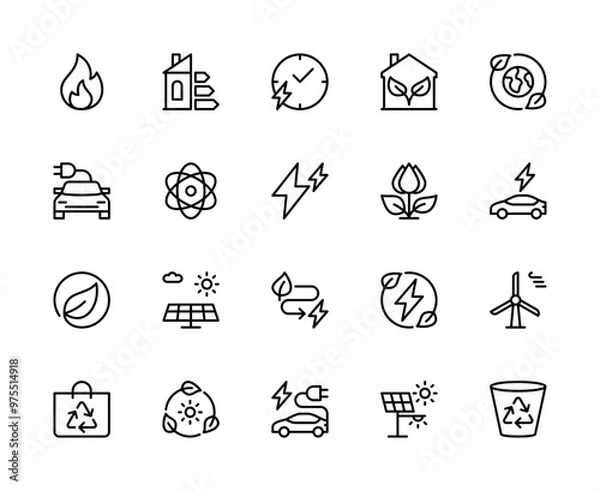 Fototapeta Energy saving vector linear icons set. Contains such energy saving icons as solar panels, wind turbines, smart house and more.