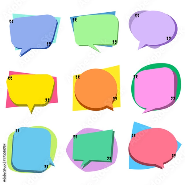 Fototapeta Speech chat bubble talk balloon, vector graphic. Text message communication illustration symbol set in doodle. Word speak icon collection sticker banner. Comic cartoon dialogue, think, comment, quote.