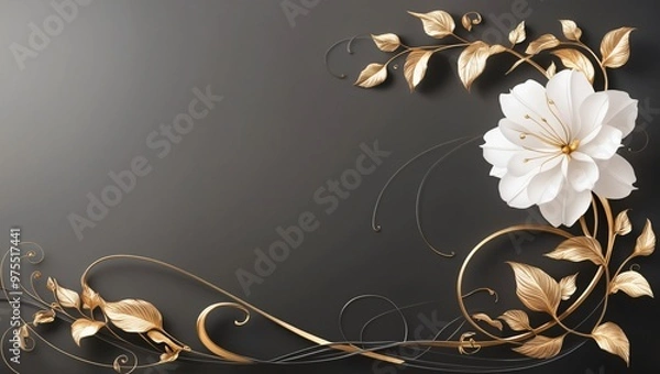 Fototapeta Elegant digital artwork with a large white flower and golden leaves on a dark grey gradient background. Asymmetrical design with intricate details, generative ai