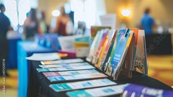 Fototapeta Brochures and Pamphlets on a Table at a Conference or Trade Show