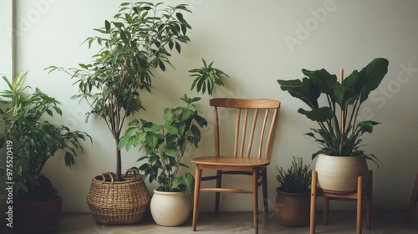 Fototapeta a serene home coffee relax corner that blends Japandi style ,featuring a wooden chair, a round table, and potted plant 