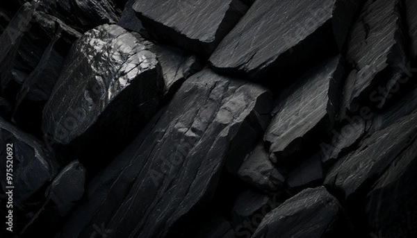 Fototapeta Black rock background with sharp, jagged granite edges. Dramatic shadows. Rough texture of stone