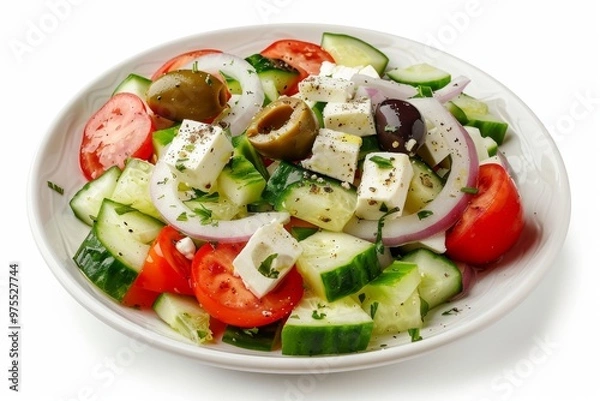 Obraz Greek Salad in Light Plate Isolated, Villages Salad or Horiatiki with Tomatoes, Diced Cucumbers, Onion