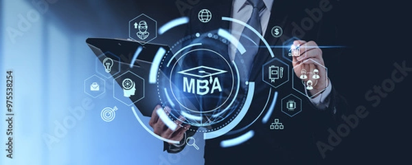 Fototapeta Business professional interacting with MBA-related icons on a digital interface.