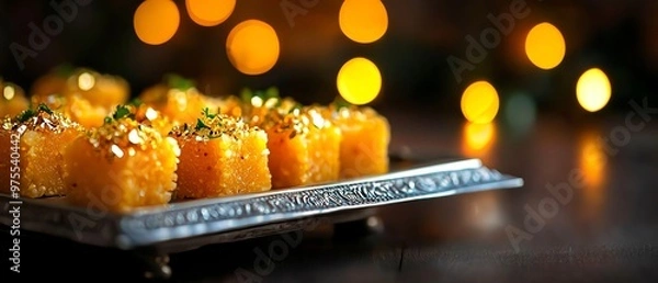 Fototapeta Delicious Indian sweets displayed on a silver plate, garnished with nuts, perfect for festive celebrations and special occasions.