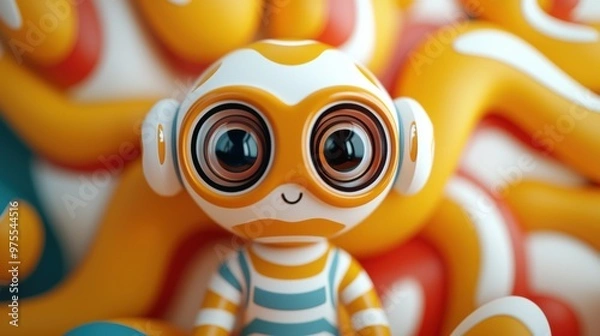 Fototapeta A colorful cartoon character with big eyes and headphones, surrounded by vibrant abstract shapes, perfect for playful designs.