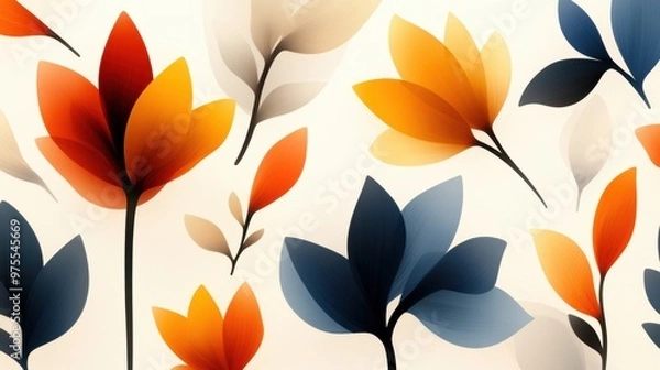Fototapeta A vibrant abstract floral pattern featuring colorful leaves and petals in warm tones, perfect for decorative designs and backgrounds.