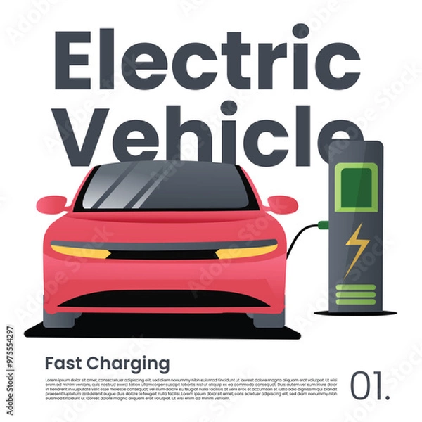 Fototapeta electric car design poster front view charging. flat design illustration.
