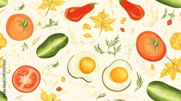 Fototapeta Seamless pattern featuring autumn vegetables including tomatoes and cucumbers along with scrambled eggs suitable for wrapping paper fabrics linens children s clothing kitchen textiles and fashion