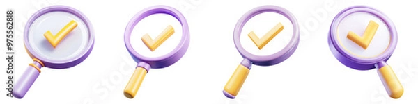 Obraz Collection of Purple and Yellow Magnifying Glasses with Checkmarks Showcasing Validation Concepts, Isolated on Transparent PNG Background. Generative AI