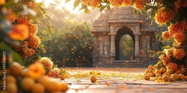 Fototapeta Ancient stone arch with marigold flowers. Indian  festive celebration concept. Image for banner, invitation and greeting card with copy space.