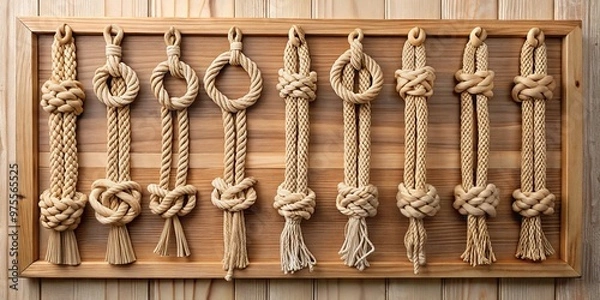 Fototapeta A beautifully crafted wooden display board showcases various intricate knots, expertly tied and secured, against a