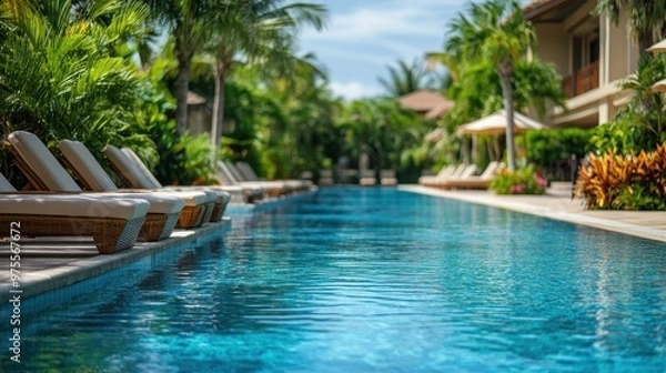 Fototapeta Tranquil Oasis in Paradise - Serene Luxury Resort Pool Surrounded by Tropical Greenery with Copy Space for Text