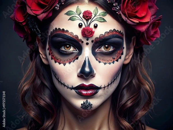 Fototapeta A close-up of a woman's face showcasing a spooky-chic Halloween makeup look with bold brows, dark lips, and