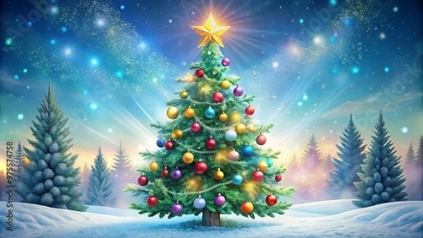Obraz A colorful, whimsical illustration of a decorated Christmas tree with ornaments, garlands, and a shining star on top,
