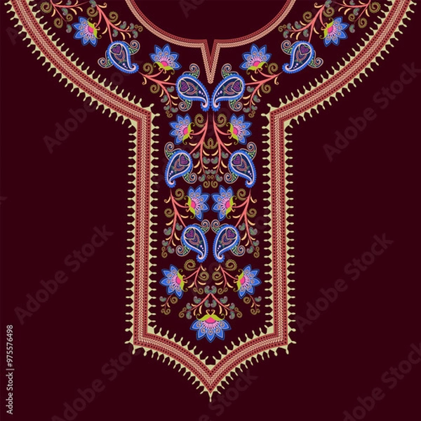Fototapeta Embroidery neck design with floral paisley patterns and vine scroll motifs on a dark red background. Colorful neckline pattern suited for women's split neck dress, kurta, kaftan, and dashiki shirts.