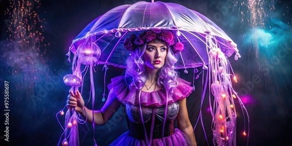 Fototapeta A creative adult wear a bright purple jellyfish-inspired Halloween costume with glowing tentacles and a mesmerizing umbrella-like headpiece against a dark eerie background.