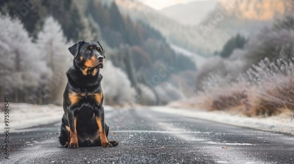 Obraz A Rottweiler Sitting on a Quiet Road Surrounded by Frosty Trees and Mountains. Winter Beauty Captured in Nature.