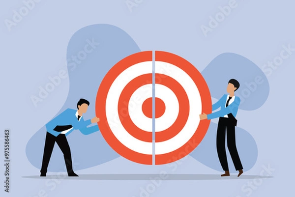 Fototapeta Business teamwork concept. Two businessmen pushing a pieces of big target together 2d flat vector illustrations