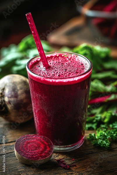 Fototapeta Fresh beetroot juice in glass with straw, surrounded by vibrant greens and sliced beetroot. This healthy drink showcases its rich color and natural ingredients, perfect for nutritious boost