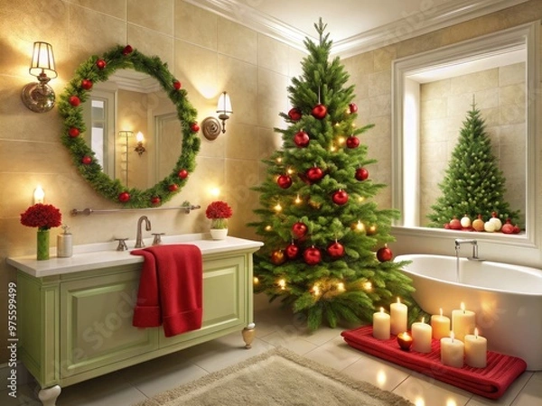 Fototapeta A festive bathroom scene featuring a decorated Christmas tree, holly-adorned mirror, and red-and-green towels, surrounded by elegant candlelight and subtle snowflakes.