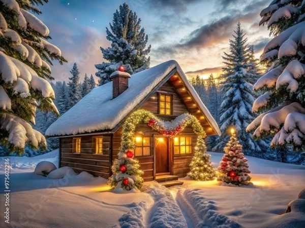 Fototapeta A festive holiday scene featuring a snow-covered cabin surrounded by twinkling lights, adorned with wreaths and garlands, amidst a serene winter landscape.