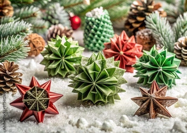 Fototapeta A festive holiday scene featuring intricately folded paper money ornaments in shades of green and red, arranged on a snowy white background with pinecones.