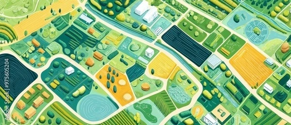 Fototapeta A vibrant aerial view of a farmland landscape, featuring various fields, crops, and patches of trees in a colorful, geometric pattern.