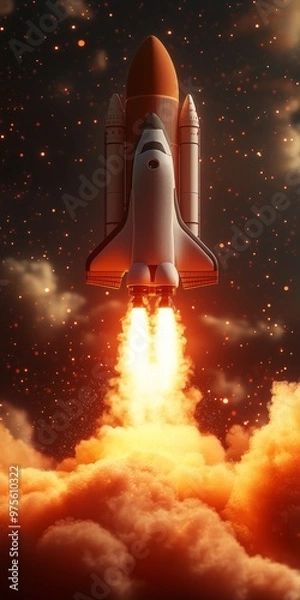 Fototapeta A sleek rocket launching into the cosmos against a vibrant, fiery backdrop.