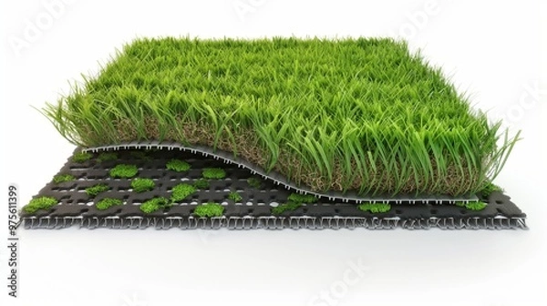 Fototapeta An artificial grass carpet with integrated drainage system features, shown in a cross-sectional view to highlight its functionality, on a white background.
