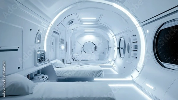 Fototapeta A futuristic space tourism concept, featuring spacecraft and luxury accommodations for travelers exploring outer space.