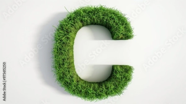 Fototapeta An artistic representation of the letter C made from densely packed green grass, with a three-dimensional look against a plain white backdrop.