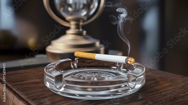 Fototapeta Close-Up of a Lit Cigarette Resting in a Glass Ashtray with Rising Smoke