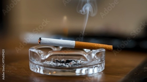 Fototapeta Close-Up of a Lit Cigarette Resting in a Glass Ashtray with Rising Smoke