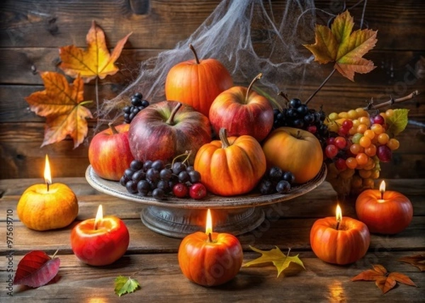 Fototapeta A spooky seasonal fruit bowl arrangement featuring orange pumpkins, grapes, and apples, surrounded by candles, spider webs, and autumnal leaves on a rustic wooden table.