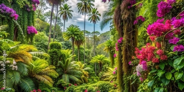 Fototapeta Vines of Bougainvillea and Passionflower entwine towering palms, while exotic orchids and ferns thrive amidst the dense, emerald canopy of the tropical rainforest.